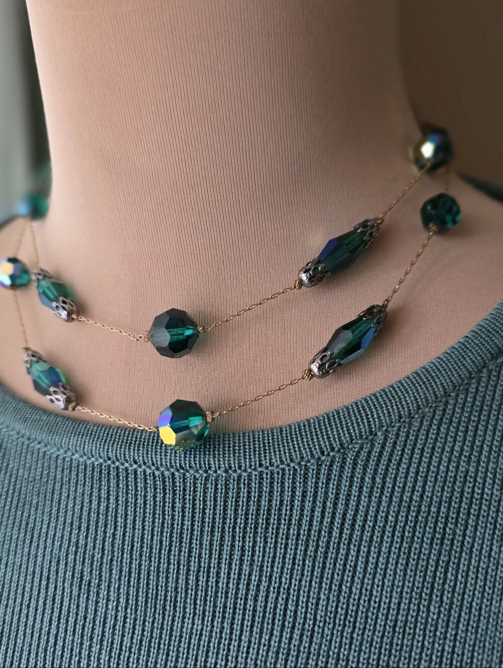 Vtg 1950s Coro MCM Green Aurora Borealis Crystal Double Strand Matinee Necklace